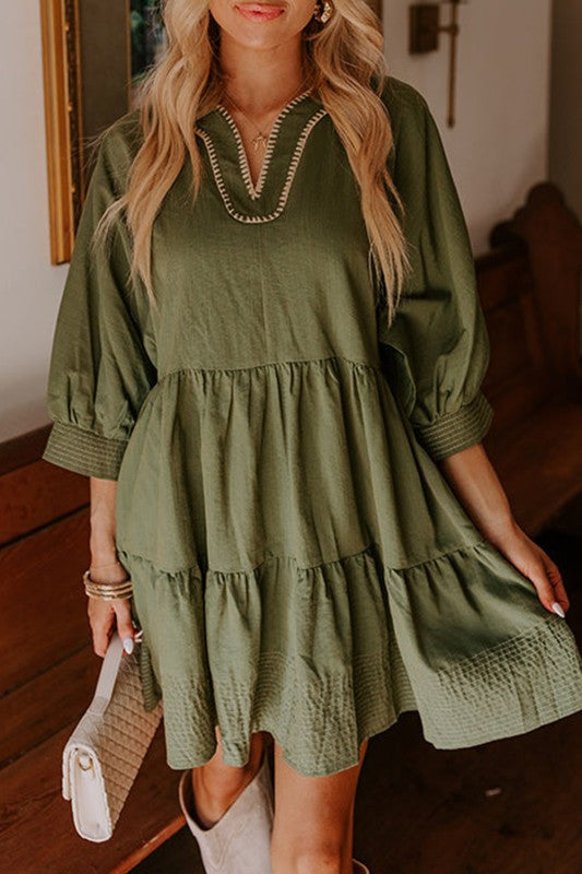 Olive Leopard Trim Tier Dress